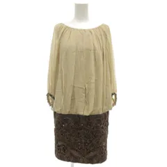 グレースコンチネンタル GRACE CONTINENTAL ドッキングワンピース 長袖 ひざ丈 36 絹 シルク ビジュー装飾 ベージュ /GV ■YHS9