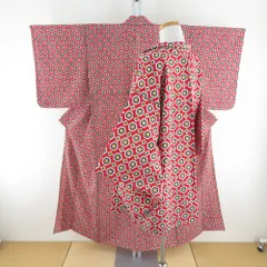 ウール着物 アンサンブル 着物と羽織2点セット 単衣 赤色ｘ黄色ｘ黒色 亀甲に小花模様 バチ衿 カジュアルきもの 普段着物 身丈148cm