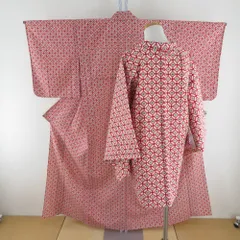 ウール着物 アンサンブル 着物と羽織2点セット 単衣 赤色ｘ白色x黄緑 小花模様 バチ衿 カジュアルきもの 普段着物 仕立て上がり 身丈156cm