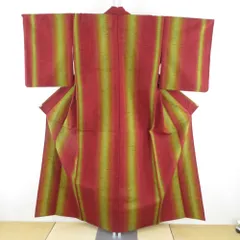ウール着物 単衣 エンジ色ｘ黄緑 ぼかし 縦縞模様 バチ衿 カジュアルきもの 普段着物 仕立て上がり 身丈154cm