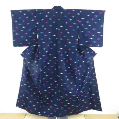 ウール着物 単衣 紺色ｘピンク色ｘ多色 幾何学模様 バチ衿 カジュアルきもの 普段着物 仕立て上がり 身丈151cm