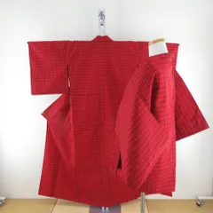 ウール着物 アンサンブル 着物と羽織2点セット 単衣 赤色x黒色 格子模様 バチ衿 カジュアルきもの 普段着物 仕立て上がり 身丈154cm