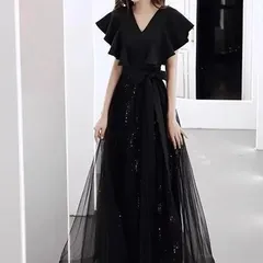 エレガント パーティー ロング フリル Vネック 二次会 ドレス