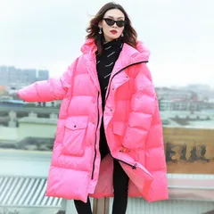 オシャレ フード付 ロング 中綿 ピンク コート ジャケット