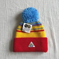 ～90s　vintage　dead stock　タグ付　UCLA　Bruins　カリフォルニア大学　カレッジロゴ刺繍ワッペン　ぽんぽん付きアクリルニット帽　ビーニー　ボーダー柄　レッド×イエロー×ライトブルー　Y2K　college logo knit cap