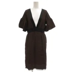 エストネーション ESTNATION ワンピース ひざ丈 半袖 総柄 Vネック バルーンスリーブ 黒 ブラック 茶 ブラウン /NU ■YHS15