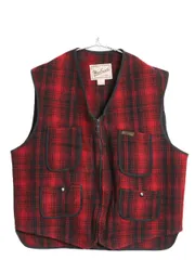 【お得なクーポン配布中!】 90s ウールリッチ ウール ベスト メンズ L / 古着 オールド チェック シンチバック 前開き 重ね着 ブラウンズビーチ タイプ 黒 赤 ツートン