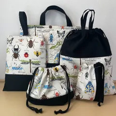 入園入学5点セット　りんりんのハンドメイド　レッスンバッグ　上履き入れ　お着替え袋　お弁当袋　コップ袋　キルティング　昆虫