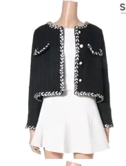 ショート ツイード バイカラー ブラック 黒 ジャケット クロップド ミニ 長袖 ボタン ノーカラー