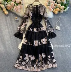 ★ワンピース ドレス 花柄 シースルー 長袖 刺繍 レース T'116