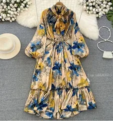 ★ワンピース 花柄 ペイズリー ボウタイ Aライン 長袖 韓国