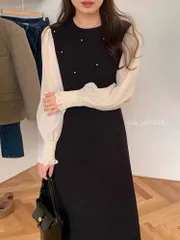 ★ワンピース 長袖 プルオーバー エレガント ビジュー 韓国 d87