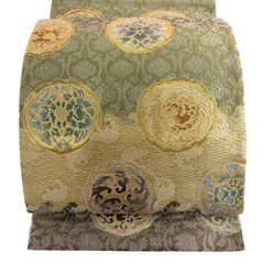 【美品】袋帯 名品 花鳥 花唐草 金銀糸 箔 ベージュ 六通 正絹 【中古】