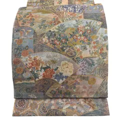 【美品】 丸帯 名品 扇面 草花 金糸 箔 灰紫 全通 正絹 【中古】