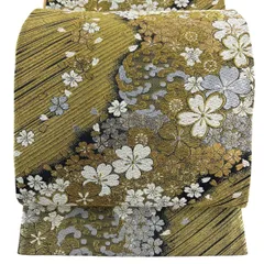 袋帯 秀品 桜 斜縞 金銀糸 唐織 金色 六通 正絹 【中古】