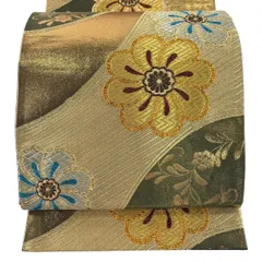 【美品】 袋帯 秀品 花 よろけ縞 金糸 箔 金色 六通 正絹 【中古】