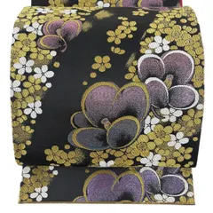 【美品】 袋帯 秀品 振袖向き 梅 金糸 箔 黒 六通 正絹 【中古】