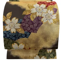 【美品】 袋帯 秀品 振袖向き 桜 扇面 金糸 唐織 焦茶色 六通 正絹 【中古】