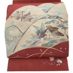 【美品】 袋帯 秀品 風景 家屋 ラメ箔 銀糸 茜色 お太鼓柄 正絹 【中古】