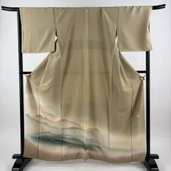 【美品】 色留袖 身丈163cm 裄丈69cm L 袷 落款 山並み 樹木 金彩 ぼかし ベージュ 正絹 秀品 一つ紋 【中古】