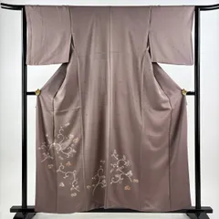 付下げ 身丈159cm 裄丈63.5cm S 袷 花唐草 地紋 刺繍 絞り 灰紫 正絹 秀品 【中古】