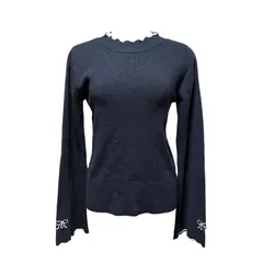 068 axes femme アクシーズファム 袖刺繍リボン ニット トップス 黒×白 フリーサイズ フェミニン