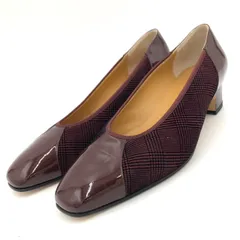 銀座ヨシノヤ パンプス エナメル チェック柄 ボルドー 23.5cm ローヒール