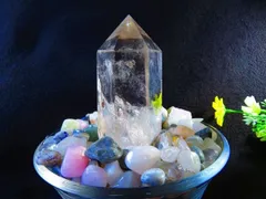 ★★浄化済み★天然高透明水晶★藍針入りポイント★さざれ石三点セット938ｇ台付き★tr25143