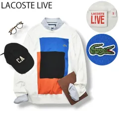 【人気】 ラコステ ライブ LACOSTE LIVE グラフィック コットン ニット セーター ハイゲージ クルーネック ワニロゴ ワッペン 3 ホワイト フレンチ カジュアル ストリート メンズのサムネイル