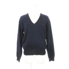 ポロ ラルフローレン POLO RALPH LAUREN ヴィンテージ 90s 香港製 ニット セーター Vネック 長袖 ウール ロゴ刺繍 M 紺 ネイビー /AH9 ■GY03