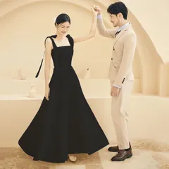 ウェディングドレス スクエアネック フレア 肩リボン サテン