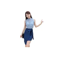 [GRAXIA] 【グラシア】キャバドレス ミニドレス セットアップ ツーピース ハイウエスト ノースリーブ タイト キャバ嬢 キャバクラ ラウンジ リボン レース レディース ブルー Lサイズ 1