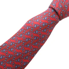 エルメス HERMES 美品 ネクタイ レギュラータイ 総柄 鎖 ロゴ シルク 赤 レッド 水色 ライトブルー /AE ■GY47