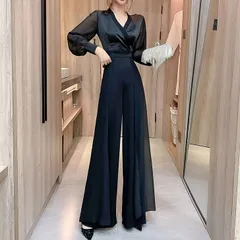 オールインワン パンツ ロング 無地 Vネック ドレス