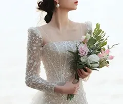 お花ビジューレース ウェディングドレス ロング 長袖 マーメイド