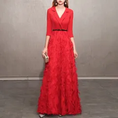 お呼ばれパーティーのためのAラインロングドレス Vネック結婚式 b355