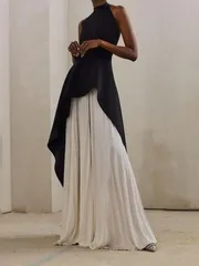 セット プリーツ バックオープン エレガント ドレス 2色