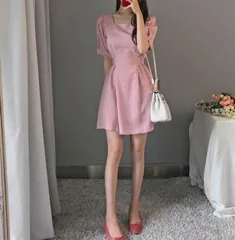 スクエアネック 着痩せ パフスリーブ ワンピース 全2色　S~L