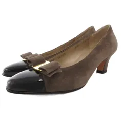 サルヴァトーレフェラガモ Salvatore Ferragamo ヴァラリボン パンプス ヒール スクエアトゥ バイカラー 異素材切替 スエード エナメル 6.5 茶 ブラウン 黒 ブラック /GV ■MNK3