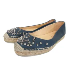 クリスチャンルブタン Christian louboutin 美品 レザー エスパドリーユ サンダル フラットシューズ スパイクスタッズ 紺 ネイビー 35 22cm相当 IBO78
