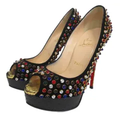 クリスチャンルブタン Christian louboutin LADY CABO 150 ハイヒール パンプス パイソン スパイク マルチカラースタッズ ビジュー オープントゥ 黒 ブラック 36.5 約23.5cm ■MNK1