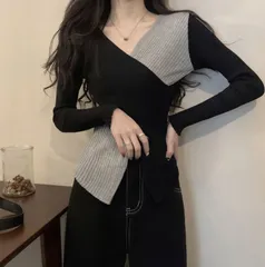 クロスデザイン バイカラー 長袖ニット トップス スリムフィット