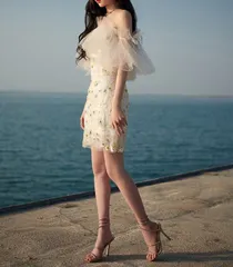 チュールフリル袖☆パーティードレス スパンコール ミニ 花柄