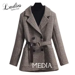 チェスターコート レディース テーラード ジャケット キレイめ コート チェック柄 ブレザー 厚手 アウター 冬コート ベルト付き OL通勤【0807④】