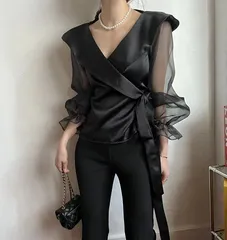 シースルー カシュクール ブラウス ウエストリボン トップス