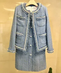 ジャケット ノーカラー パール付き ツイード フリンジ 全2色 S~L