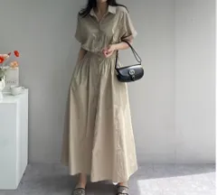 シャツロングワンピース 韓国 半袖 フレアワンピ デニム 4040209