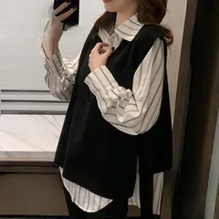 シャツブラウス ニットベスト 2点セット ストライプ柄 襟付き サイドスリット レディース トップス