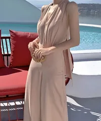 ジャンプスーツ ワイド バックリボン エレガント リゾート 無地