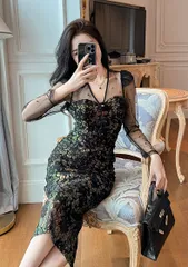 ドレス タイト 黒 花柄 高級感 シースルー 結婚式 パーティー